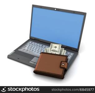 3d illustration of laptop computer with money wallet. internet shopping