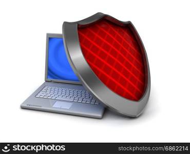 3d illustration of laptop computer with shield, information security concept
