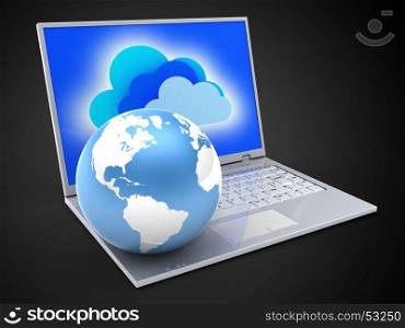 3d illustration of laptop over black background with clouds screen and earth globe