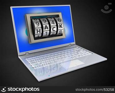 3d illustration of laptop over black background with clouds screen and hack lock