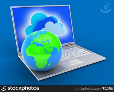 3d illustration of laptop over blue background with clouds screen and globe