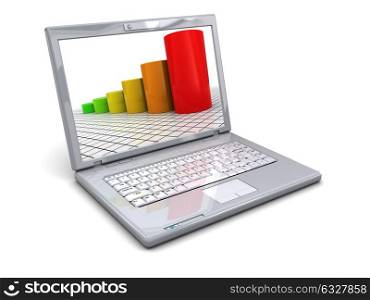 3d illustration of laptop with raising charts on display