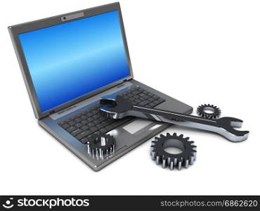 3d illustration of laptop with wrench and gear wheels