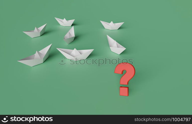 3D illustration of leadership concept, a red paper boat on the right side lead a group of white paper boat on line from left to right