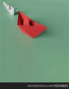 3D illustration of leadership concept, a red paper boat on the right side lead a group of white paper boat on line from left to right