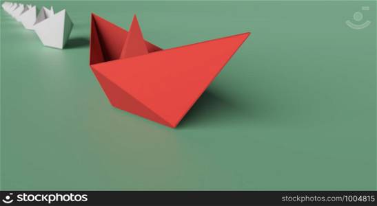 3D illustration of leadership concept, a red paper boat on the right side lead a group of white paper boat on line from left to right