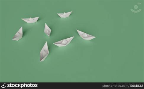 3D illustration of leadership concept, several paper boats without leader. team without leader