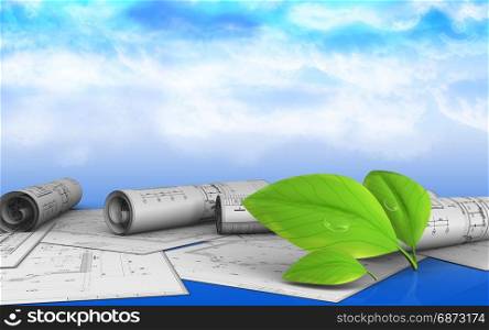 3d illustration of leafs over sky background. 3d drawings rolls