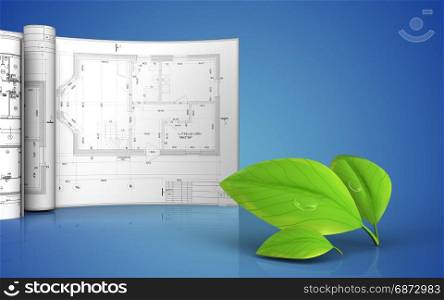 3d illustration of leafs with drawings over blue background. 3d blank