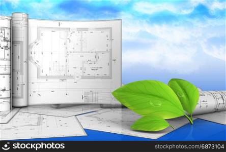 3d illustration of leafs with drawings over sky background. 3d with drawings