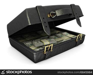3d illustration of leather suitcase with money, over white background. case with money