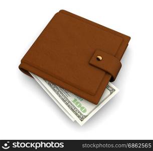 3d illustration of leather wallet with banknotes inside, over white background
