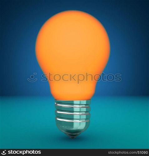 3d illustration of light bulb orange glowing over blue background