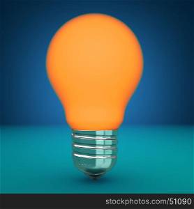 3d illustration of light bulb orange glowing over blue background