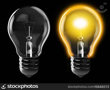 3d illustration of light bulb, power on, and power off, over black background. light bulb