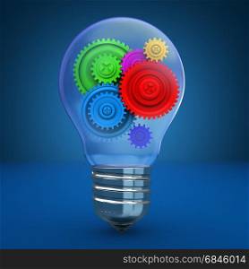 3d illustration of light bulb with colorful gear wheels inside, over blue background. light bulb