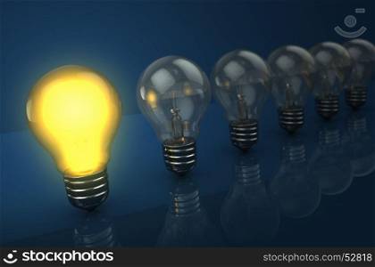 3d illustration of light bulbs row with one shining