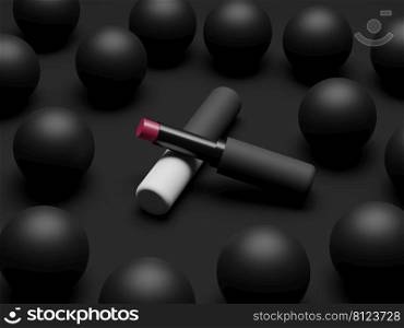 3d illustration of lipstick template on creative black background with balloons. Fashion cosmetics. Makeup design background. Use flyer, banner, flyer template for advertising.