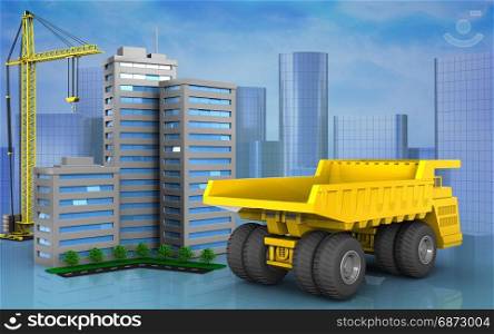 3d illustration of living quarter with crane over skyscrappers background. 3d with crane