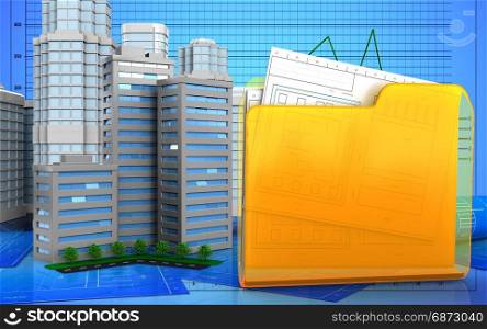 3d illustration of living quarter with urban scene over graph background. 3d of folder