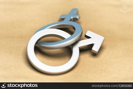 3D illustration of male and female symbols over paper background. Concept of heterosexuality.. Gender symbols, male and female.