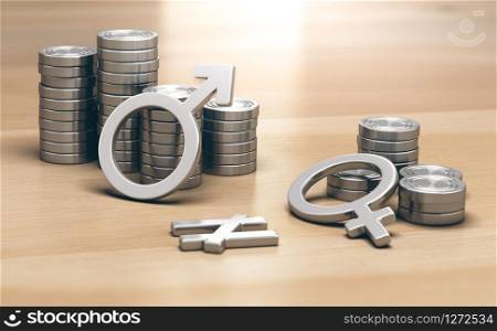 3D illustration of male and female symbols with 2 piles of coins a small one for women and a larger one for men.. Feminism concept. Gender Pay Gap for Work of Equal Value