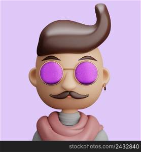 3D illustration of man. Cartoon close up portrait of standing man with sunglasses and mustache on a pink background. 3D Avatar for ui ux.