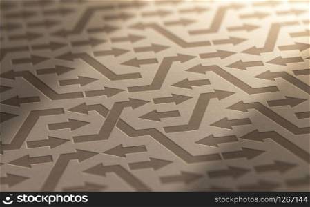 3D illustration of many arrow with different directions on kraft paper. Psychology concept of disorganization or irrationality. Psychology, Disorganization or Incoherence Concept