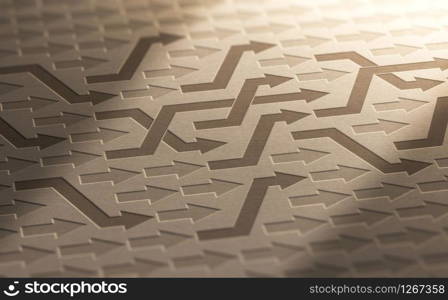 3D illustration of many arrows changing way on kraft paper. Structural Reorganization Background.. Structural Reorganization Concept