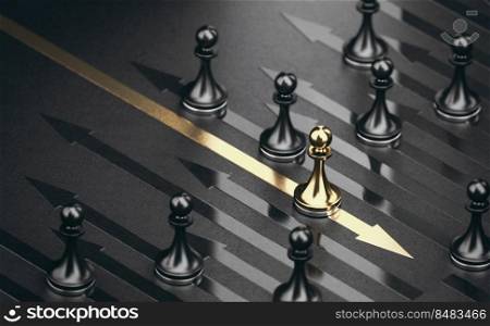 3d illustration of many black pawns going on the same direction and a golden one going on the opposite side.. Contrarian Investing. Opposite trend.