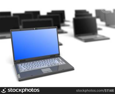 3d illustration of many laptops with one selected