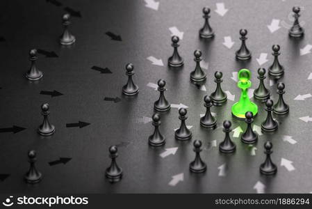 3D illustration of many pawns attracted by a green one. Concept of aura of attraction and charismatic person.. Charismatic person, attract people attention. Aura of attraction concept.