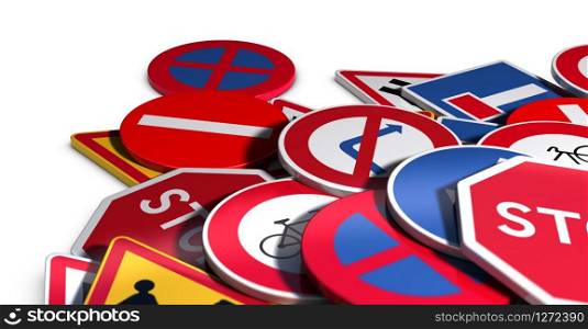 3D illustration of many roadsigns over white background. Road or Traffic Signs
