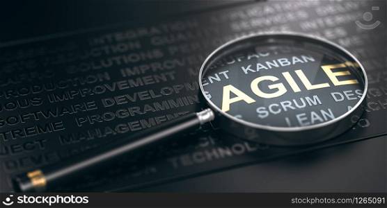 3D illustration of many words over black background and a magnifying glass with focus on the word agile.. Focus on project management methodology. Agile software development.