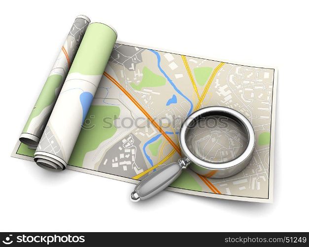 3d illustration of map and magnify glass