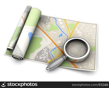 3d illustration of map and magnify glass