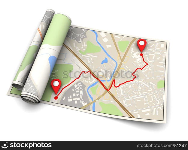 3d illustration of map with navigation route, over white background