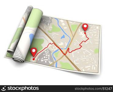 3d illustration of map with navigation route, over white background
