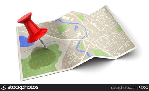 3d illustration of map with red pin, over white background