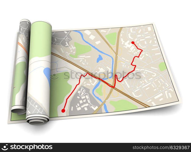 3d illustration of map with red route on it