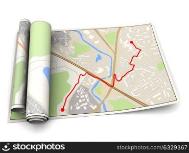 3d illustration of map with red route on it