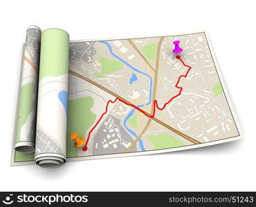 3d illustration of map with route