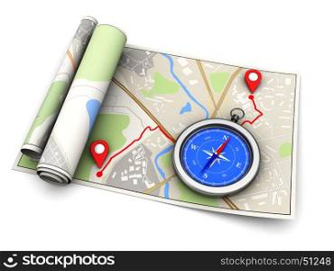 3d illustration of map with route and compass, navigation concept