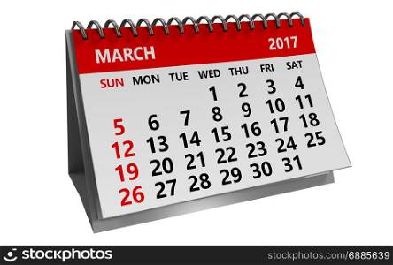 3d illustration of march 2017 calendar isolated over white background