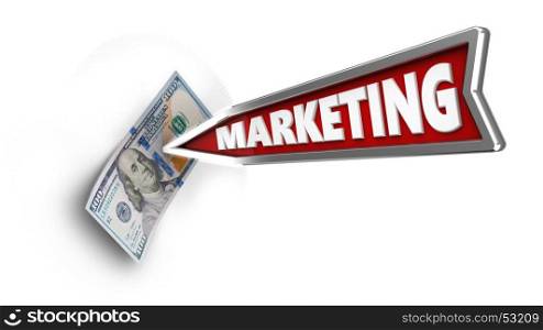 3d illustration of marketing arrow with 100 dollars over white background