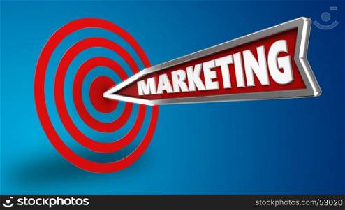3d illustration of marketing arrow with circles target over blue background