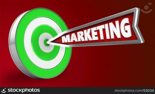 3d illustration of marketing arrow with green target over red background