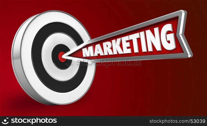 3d illustration of marketing arrow with round target over red background