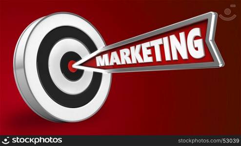 3d illustration of marketing arrow with round target over red background