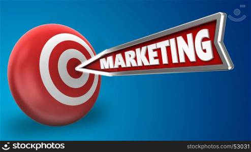 3d illustration of marketing arrow with target sphere over blue background